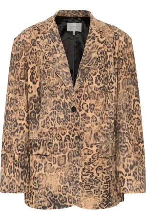 Gestuz Jassen, Dames, Bruin, M, Leer, Luipaardprint Leren Blazer Jas