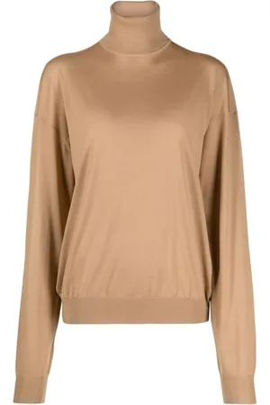 Saint Laurent Truien, Dames, Bruin, M, Wol, Wollen Ribgebreide Pullover met Hoge Hals