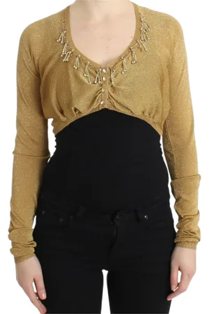 Roberto Cavalli Blouses & Shirts, Dames, Geel, S, Leer, Gouden Shrug met Versieringen