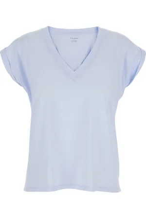 Frame Tops, Dames, Blauw, XS, Katoen, Blauw V-hals Katoenen T-shirt Vrouw