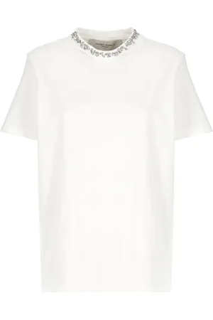 Golden Goose Tops, Dames, Wit, M, Katoen, Witte T-shirt met Kristallen Details en Ronde Hals