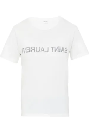 Saint Laurent Tops, Dames, Wit, M, Katoen, Reversed Logo T-Shirt