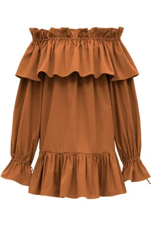 Saint Laurent Kleedjes, Dames, Bruin, S, Katoen, Off Shoulder Mini Jurk met Ruches
