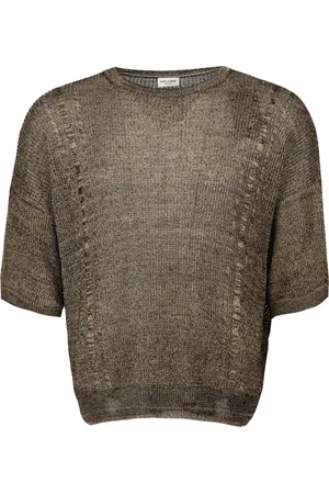 Saint Laurent Truien, Heren, Bruin, XS, Geribbelde Gebreide Oversized T-shirt met Ronde Hals