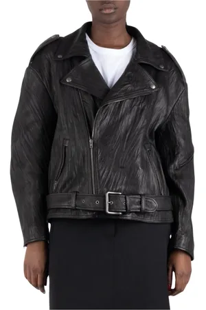 Acne Studios Jassen, Dames, Zwart, S, Leer, Distressed leren bikerjack