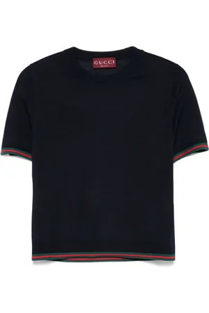 Gucci Tops, Dames, Blauw, M, Blauwe Crew Neck Top met Web-Stripe Trim