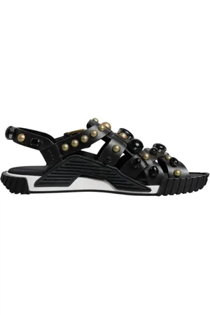 Dolce & Gabbana Schoenen, Heren, Zwart, 42 EU, Leer, Studded Leren Slide Sandalen met Logo