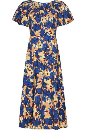 ULLA JOHNSON Kleedjes, Dames, Veelkleurig, XS, Katoen, Blauwe Bloemen A-Lijn Midi Jurk