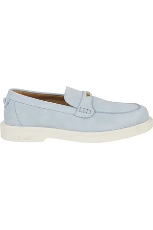 VERSACE Schoenen, Heren, Blauw, 41 EU, Suède, Suede Loafers met Writing