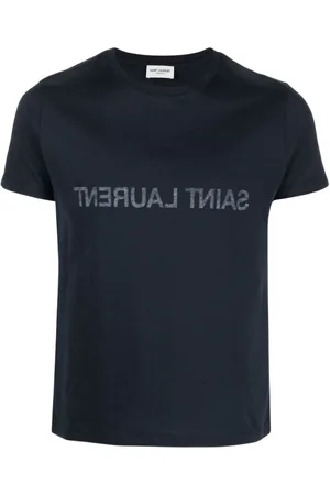 Saint Laurent Tops, Heren, Blauw, L, Katoen, Navy T-shirt met logo-print