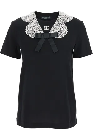 Dolce & Gabbana Tops, Dames, Zwart, XS, Katoen, Zwart T-shirt met strik en kant