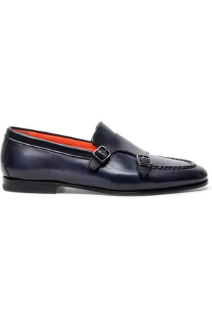 santoni Schoenen, Heren, Blauw, 42 1/2 EU, Leer, Leren Loafer met Dubbele Gesp