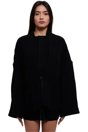 Rick Owens Jassen, Dames, Zwart, ONE Size, Wol, Zwarte Wollen Cape Jas met Riem en Drukknoopsluiting