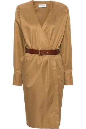 Saint Laurent Kleedjes, Dames, Bruin, S, Katoen, Camel Katoenen Twill Midi Jurk