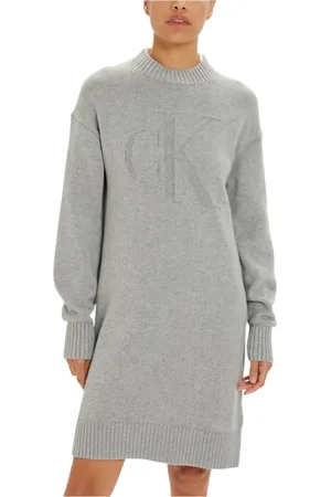 Calvin Klein Kleedjes, Dames, Grijs, XS, Wol, Grijze Wollen Blend Ronde Hals Jurk