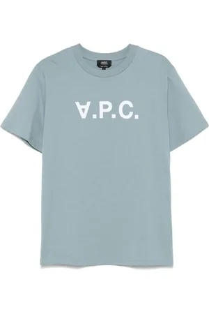 A.P.C. Tops, Heren, Blauw, M, Katoen, Blauw Velours Logo T-shirt met Ronde Hals
