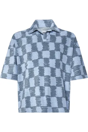 BONSAI Tops, Heren, Blauw, M, Polyester, Blauw Geruit Poloshirt Boxy Fit