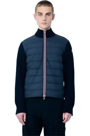 Moncler Jassen, Heren, Blauw, M, Katoen, Gewatteerd vest met gekleurde strepen