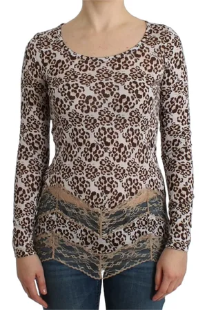 Roberto Cavalli Tops, Dames, Bruin, M, Elegante Top met Lange Mouwen van Bloemkant