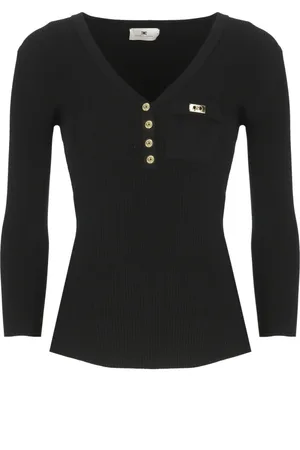 Elisabetta Franchi Truien, Dames, Zwart, M, Zwarte V-hals Sweater met Logoed Knopen