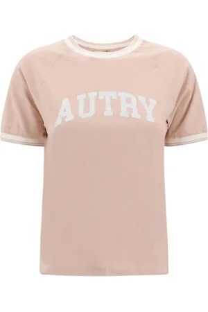 Autry Tops, Dames, Roze, S, Katoen, Geribbelde Crew Neck T-shirt met Monogram