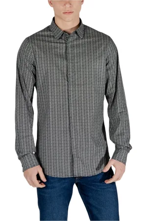 Armani Exchange Overhemden, Heren, Zwart, XS, Geometrisch Patroon Overhemd met Klassieke Kraag