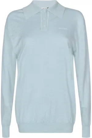 Miu Miu Tops, Dames, Blauw, S, Cashmere Polo met Geborduurd Logo