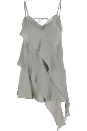 ANTONELLI Tops, Dames, Grijs, M, Satijn, Grijze Satijnen Ruffle Top met Spaghettibandjes