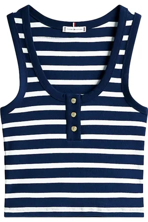 Tommy Hilfiger Tops, Dames, Blauw, L, Katoen, Slim Henley Scoop-Neck Tank Top