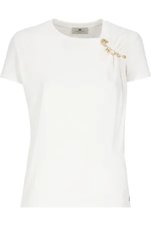Elisabetta Franchi Tops, Dames, Wit, S, Katoen, Wit Katoenen T-shirt met Logo Pin