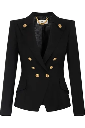 Elisabetta Franchi Jassen, Dames, Zwart, M, Linnen, Zwart Linnen Blend Gabardine Peak Lapel Jas