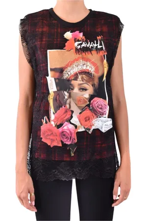 Roberto Cavalli Tops, Dames, Zwart, M, Katoen, Hybrid-Print Tartan Top