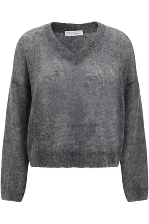 Brunello Cucinelli Truien, Dames, Grijs, S, Wol, Mohair V-Neck Sweater met Ribbed Hem