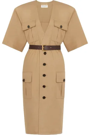 Saint Laurent Kleedjes, Dames, , M, Katoen, Katoenen Twill Midi Jurk met Leren Riem