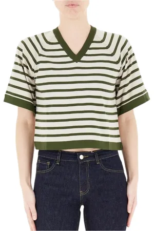 K-Way Tops, Dames, Veelkleurig, S, Katoen, Gestreept Logo V-hals Katoenen Shirt