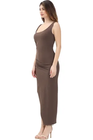 Patrizia Pepe Kleedjes, Dames, Bruin, XS, Bruine Midi Jurk Essential Collectie