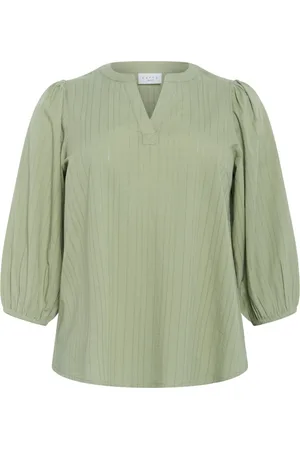 Kaffe Blouses & Shirts, Dames, Groen, 2Xl, Katoen, Groene Blouse met V-Hals en 3/4 Mouwen