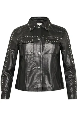 Kaffe Jassen, Dames, Zwart, 5Xl, Coole Leren Jas met Stud Details