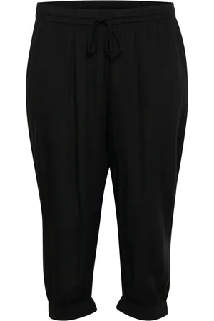 Kaffe Broeken, Dames, Zwart, 2Xl, Zwarte Diepe Capri Broek met Elastische Taille