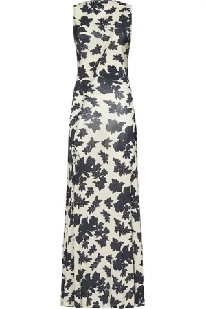 ULLA JOHNSON Kleedjes, Dames, , L, Rayon, Crème Zwarte Print Lange Jurk