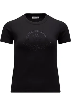 Moncler Tops, Dames, Zwart, S, Katoen, Zwart T-shirt met Kristallen Logo