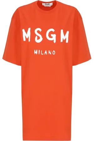 Msgm Kleedjes, Dames, Oranje, S, Katoen, Oranje Katoenen Jurk met Logo