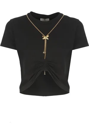 Elisabetta Franchi Tops, Dames, Zwart, M, Katoen, Zwarte Katoenen T-shirt met Strikketting