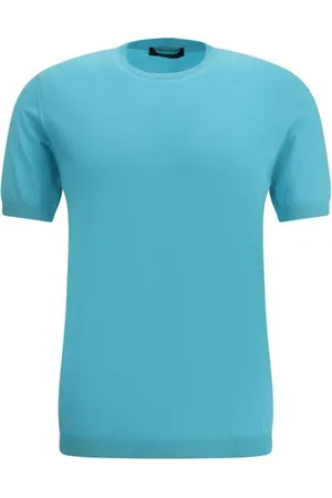 MOORER Tops, Heren, Blauw, XL, Katoen, Geribbelde Crew Neck Gebreid T-Shirt