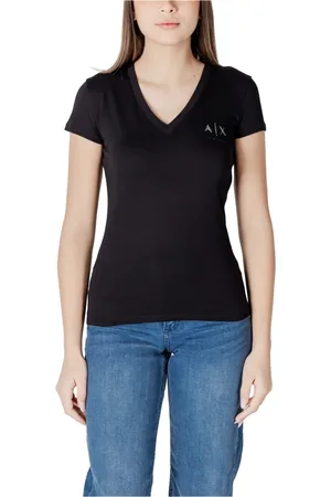 Armani Exchange Tops, Dames, Zwart, M, Katoen, Zwarte V-Hals Katoenen T-Shirt