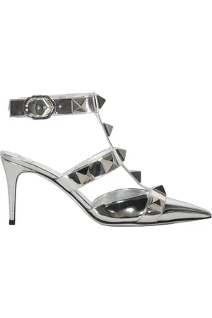 VALENTINO GARAVANI Schoenen, Dames, Grijs, 39 1/2 EU, Leer, Metallic Leren Cut-Out Pumps met Studs