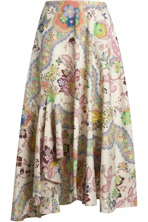 Etro Rokken, Dames, Veelkleurig, M, Katoen, Asymmetrische Midi Rok Bloem Vlinder