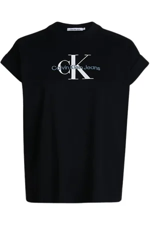 Calvin Klein Tops, Dames, Zwart, L, Katoen, Oversized T-shirt met Omgeslagen Mouwen