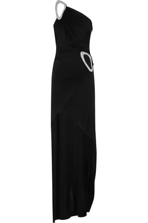 DAVID KOMA Kleedjes, Dames, Zwart, S, Kristallen Gesp Asymmetrische Jurk