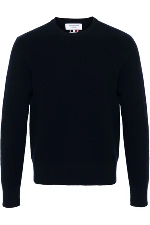 Thom Browne Truien, Heren, Blauw, M, Wol, Blauwe Wollen Trui met Logo Streep